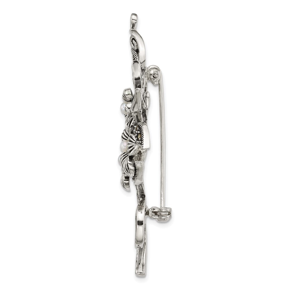 Sterling Silver Antiqued Marcasite and Freshwater Cultured Pearl with Green Epoxy Floral Pin