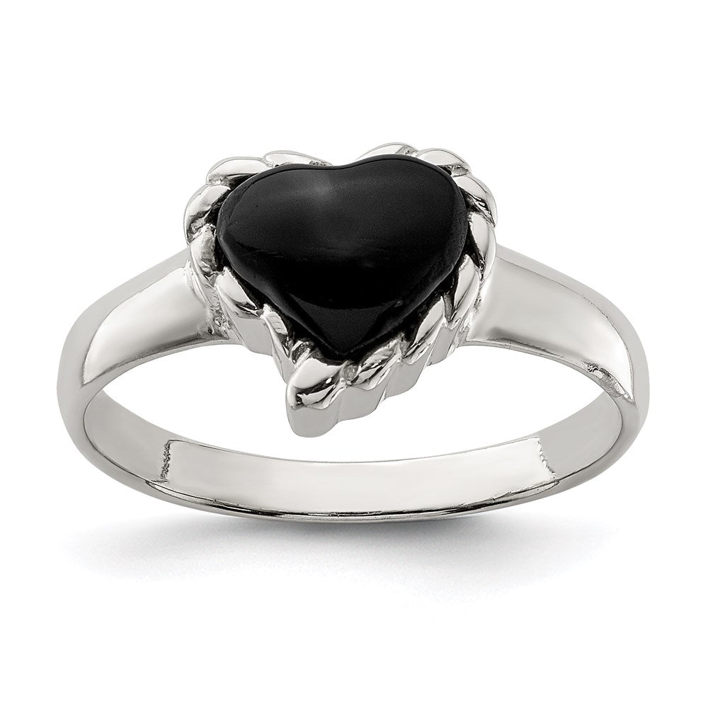 Casted;Polished;Open back;Sterling silver;Onyx;Heart;Antiqued