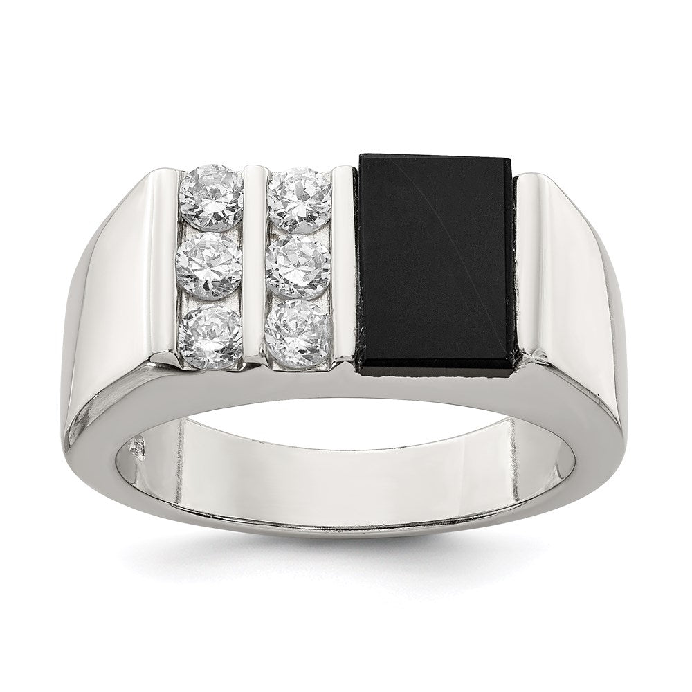 Solid;Casted;Polished;Open back;Sterling silver;CZ;Onyx