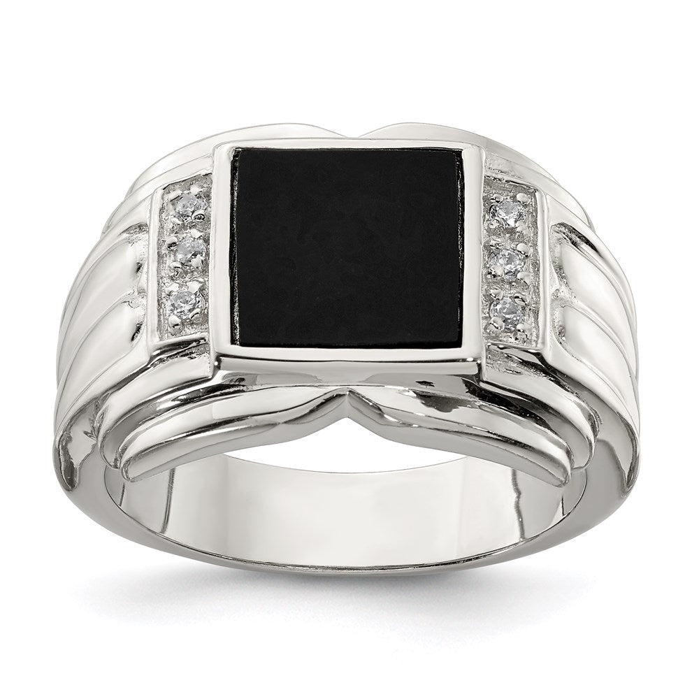Solid;Casted;Polished;Open back;Sterling silver;CZ;Onyx
