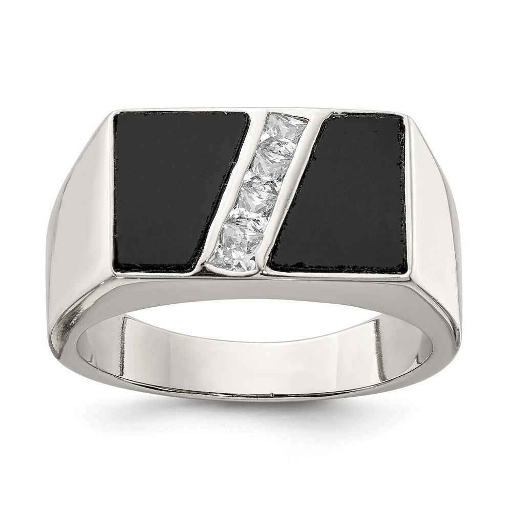 Casted;Polished;Open back;Sterling silver;CZ;Onyx