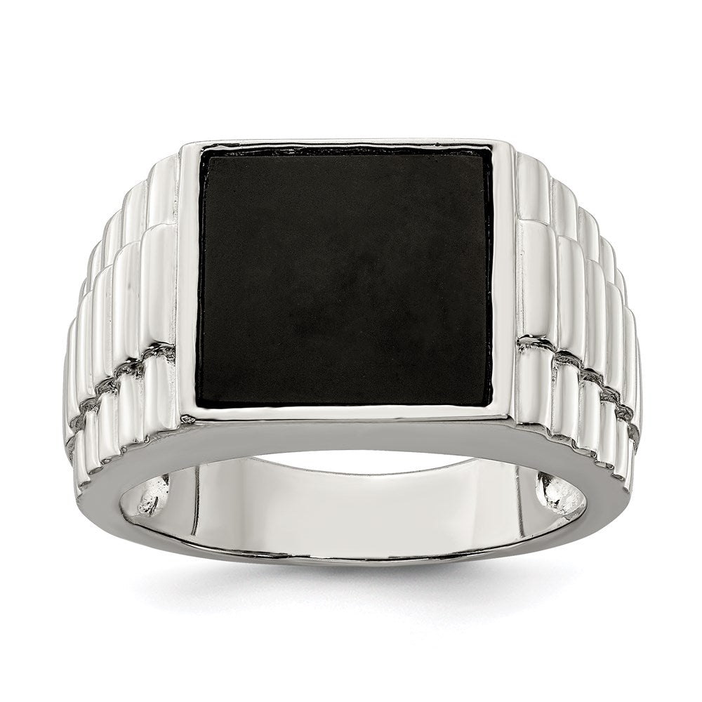 Solid;Casted;Polished;Open back;Sterling silver;Onyx