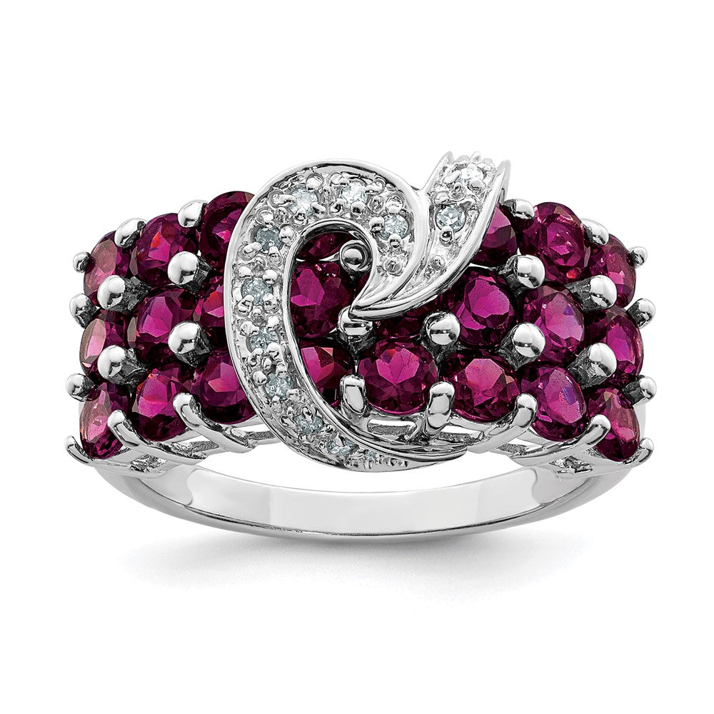 Polished;Sterling silver;Diamond;Rhodolite garnet;Rhodium-plated