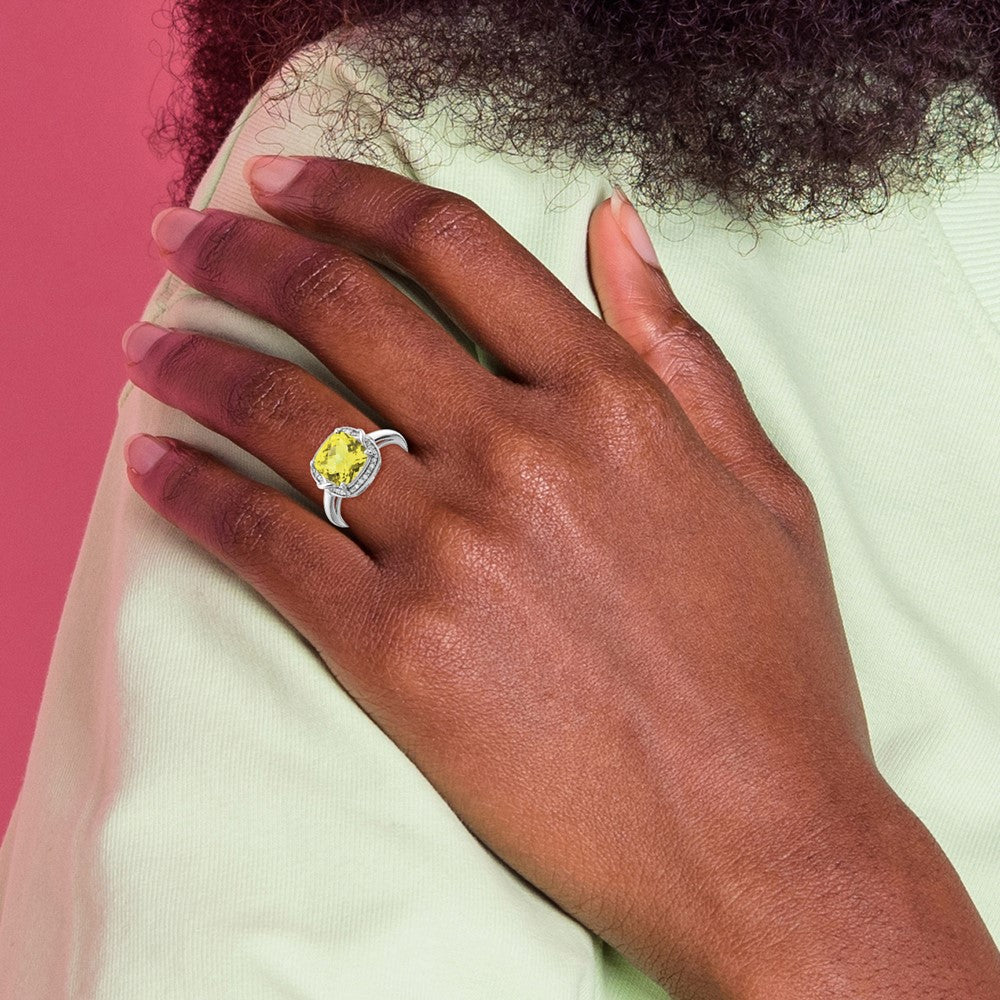Sterling Silver Rhodium Diam. & Checker-Cut Lemon Quartz Ring