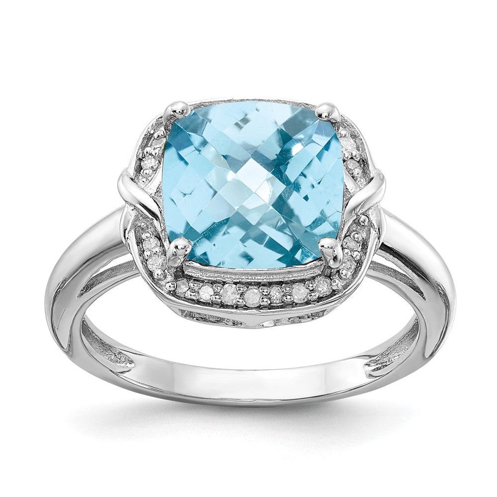 Polished;Sterling silver;Blue topaz;Diamond;Prong set;Rhodium-plated