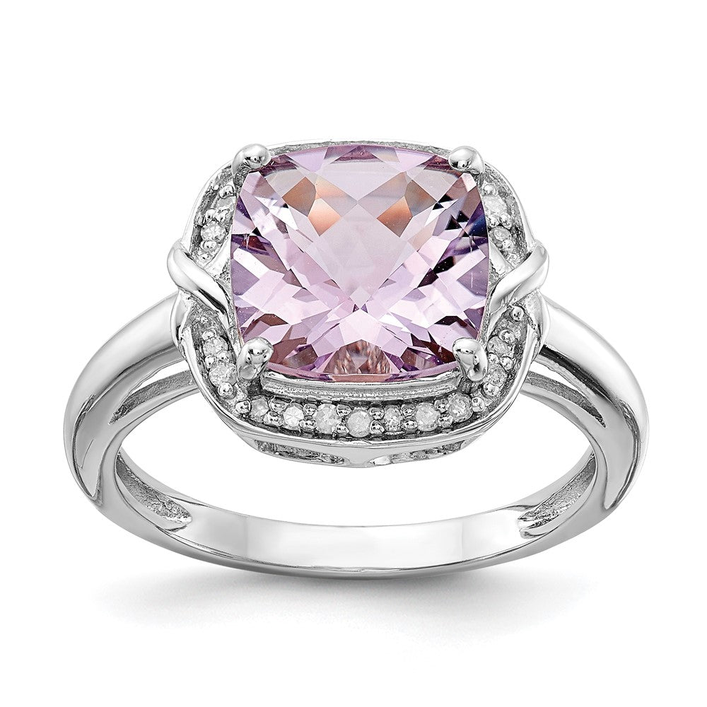 Polished;Genuine;Sterling silver;Diamond;Pink quartz;Rhodium-plated;Cushion Cut;Checkerboard-cut
