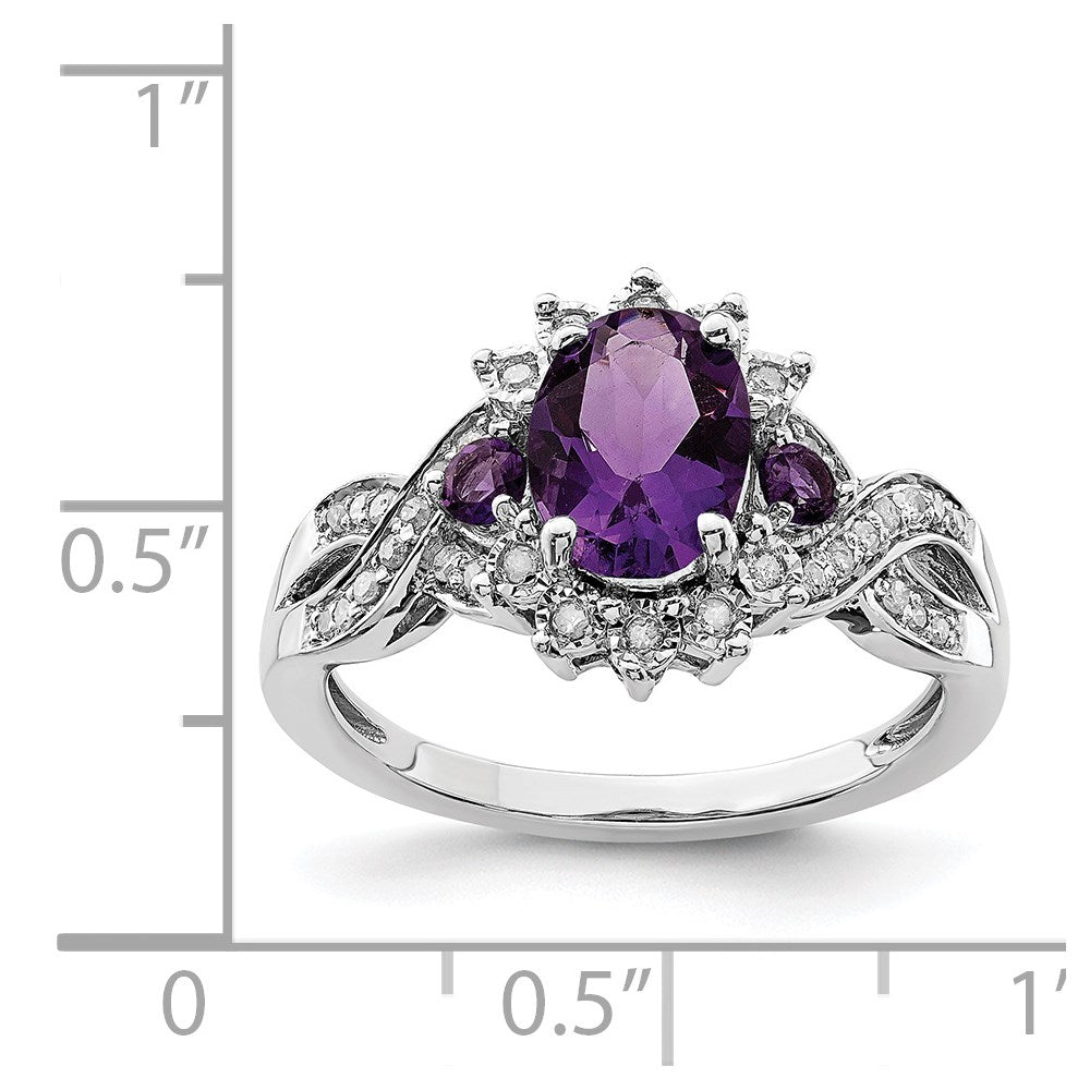 Sterling Silver Rhodium-plated Diamond & Oval Amethyst Ring