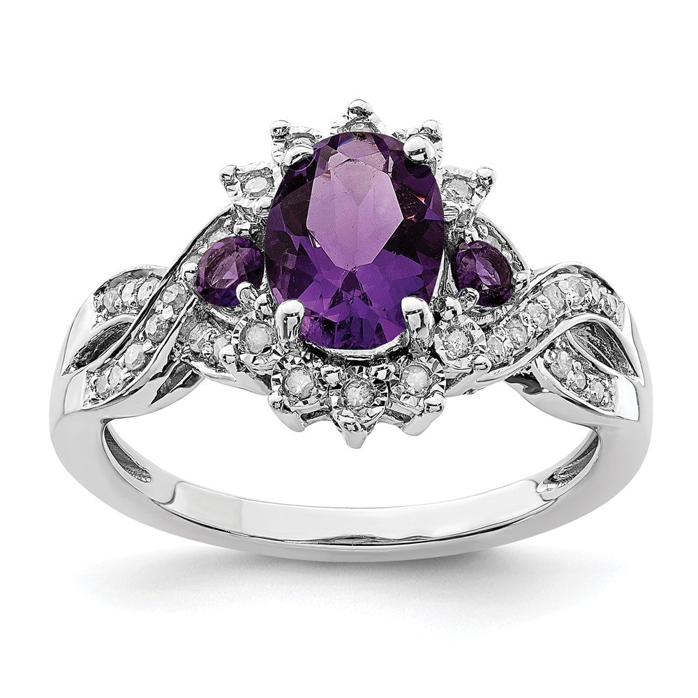 Polished;Genuine;Sterling silver;Amethyst;Diamond;Rhodium-plated