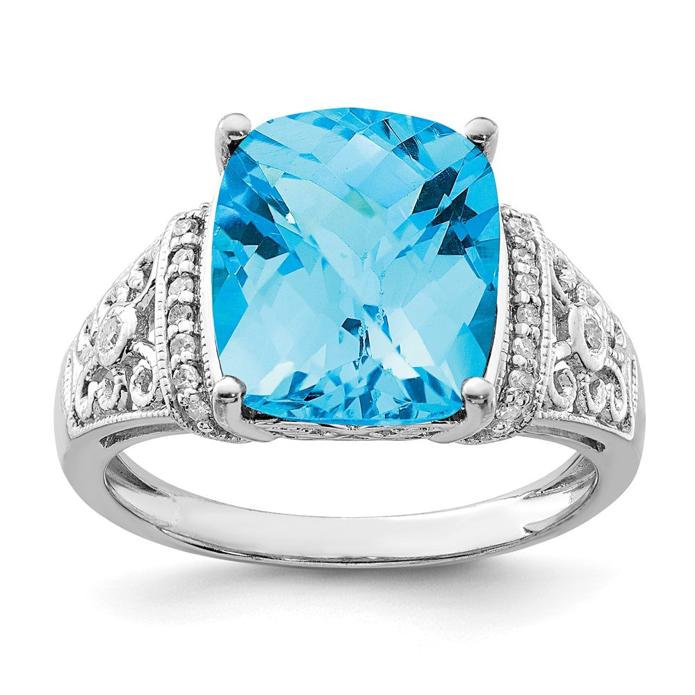 Polished;Genuine;Sterling silver;Blue topaz;Diamond;Prong set;Rhodium-plated;Cushion Cut;Checkerboard-cut