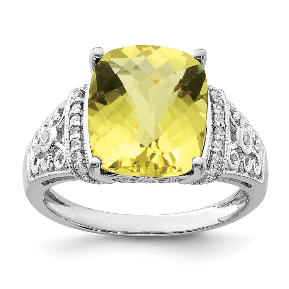 Polished;Genuine;Sterling silver;Diamond;Prong set;Rhodium-plated;Lemon quartz;Cushion Cut;Checkerboard-cut