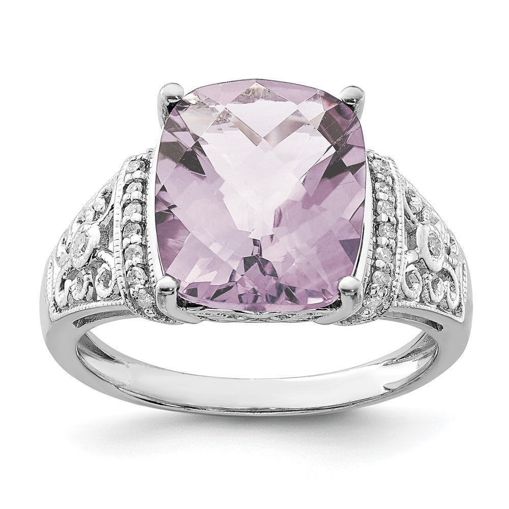 Polished;Genuine;Sterling silver;Diamond;Pink quartz;Prong set;Rhodium-plated;Cushion Cut;Checkerboard-cut