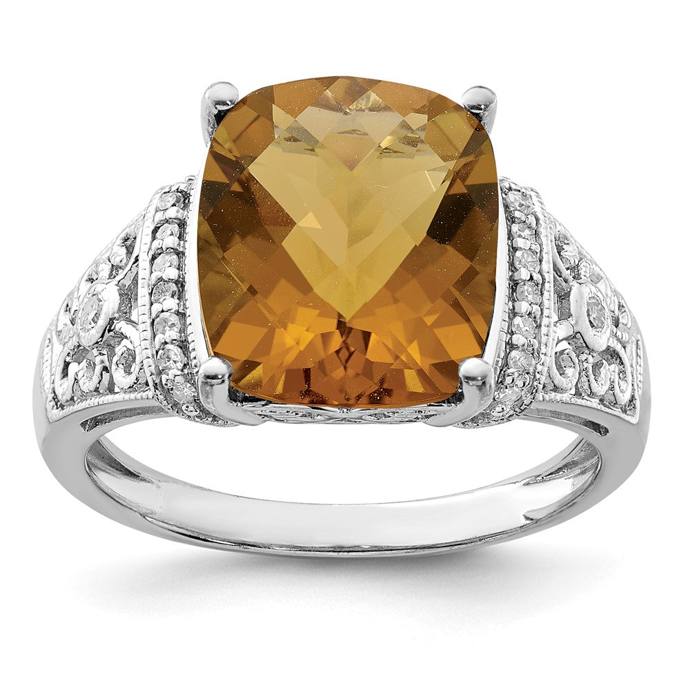 Polished;Genuine;Sterling silver;Diamond;Prong set;Rhodium-plated;Whiskey Quartz;Cushion Cut;Checkerboard-cut