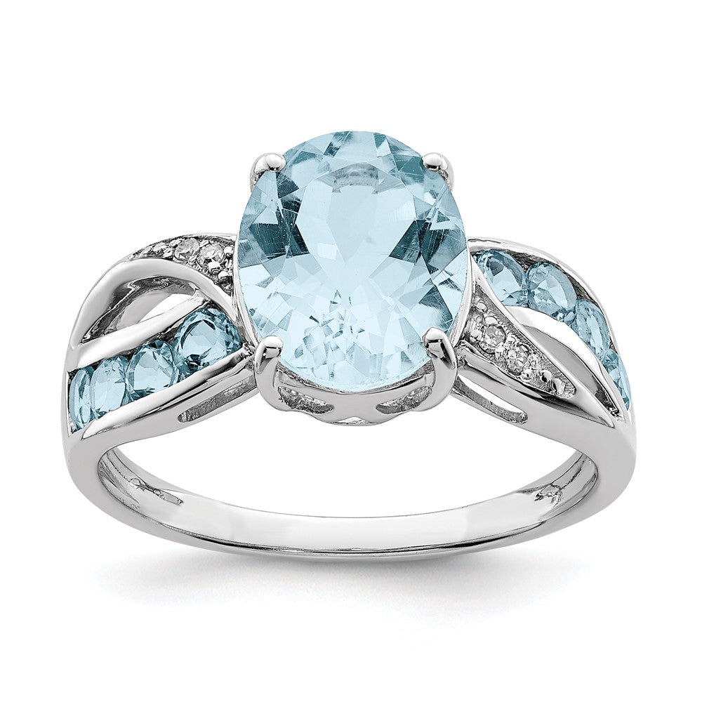 Polished;Genuine;Sterling silver;Blue topaz;Diamond;Rhodium-plated