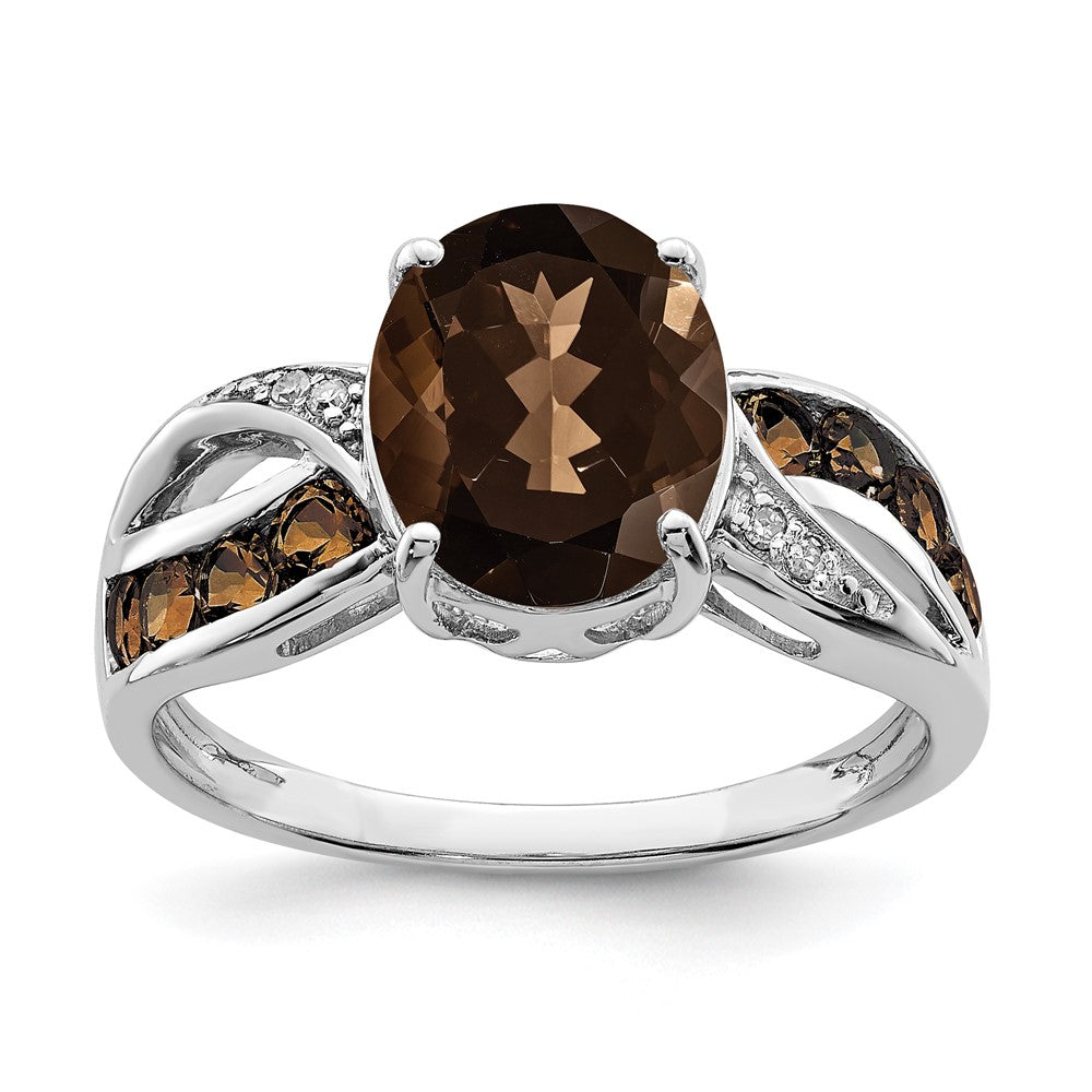 Polished;Genuine;Sterling silver;Diamond;Smokey quartz;Rhodium-plated