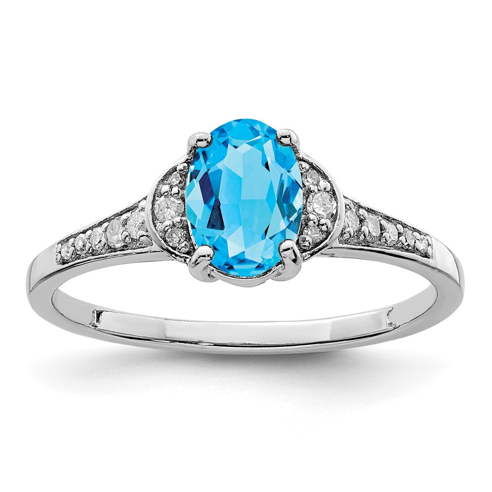 Polished;Genuine;Sterling silver;Blue topaz;Diamond;Prong set;Rhodium-plated