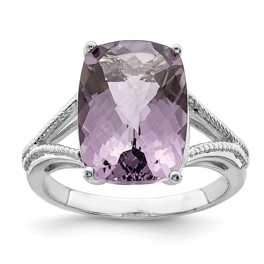 Polished;Genuine;Sterling silver;Pink quartz;Rhodium-plated;Cushion Cut;Checkerboard-cut