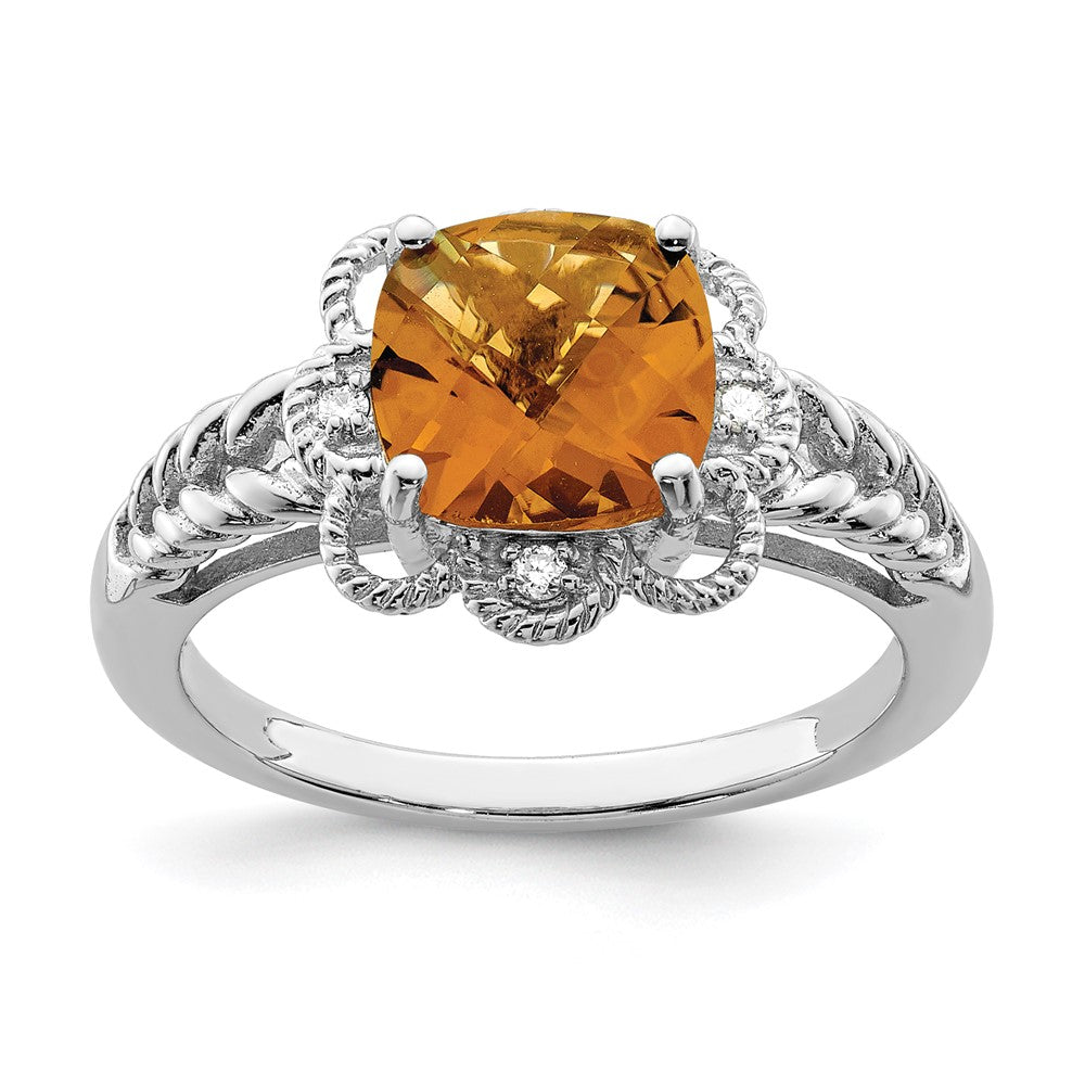 Polished;Genuine;Sterling silver;Diamond;Rhodium-plated;Whiskey Quartz;Cushion Cut;Checkerboard-cut