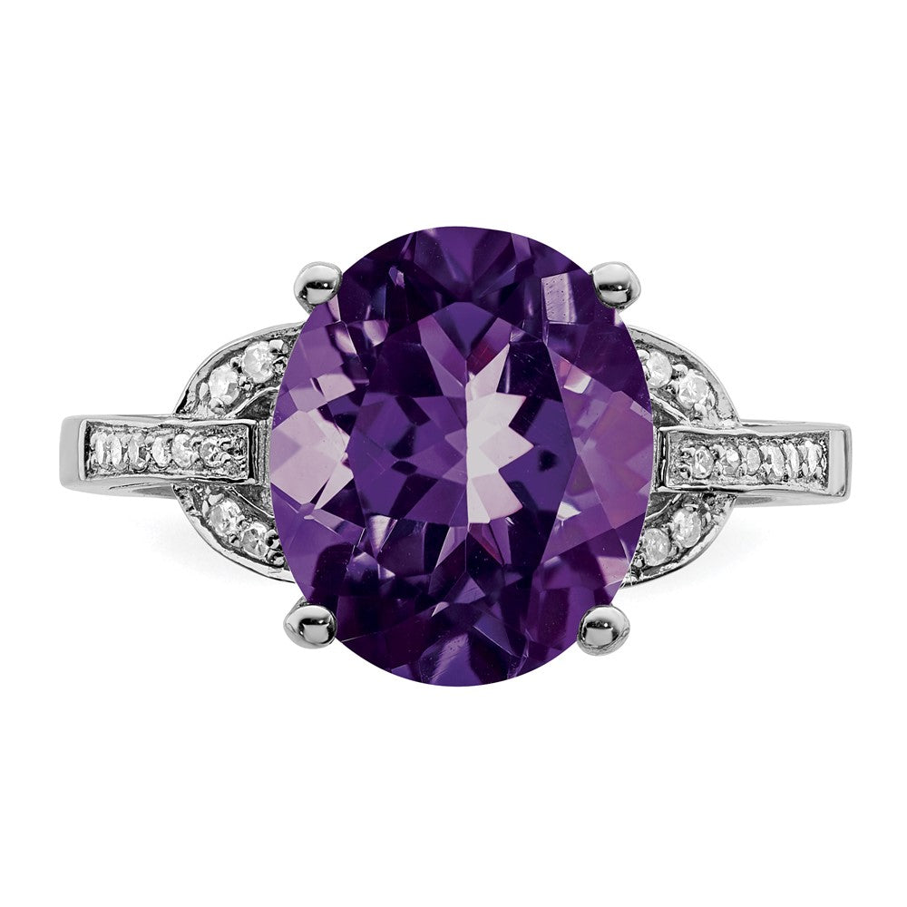 Sterling Silver Rhodium-plated Oval Amethyst & Diamond Ring