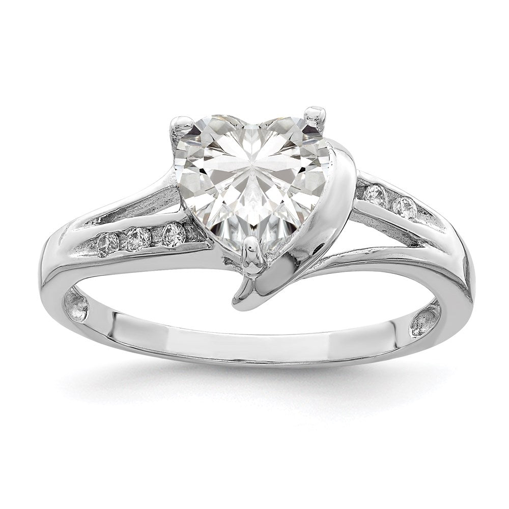 Casted;Polished;Open back;Sterling silver;CZ;Round;Rhodium-plated;Heart;Cut-out sides