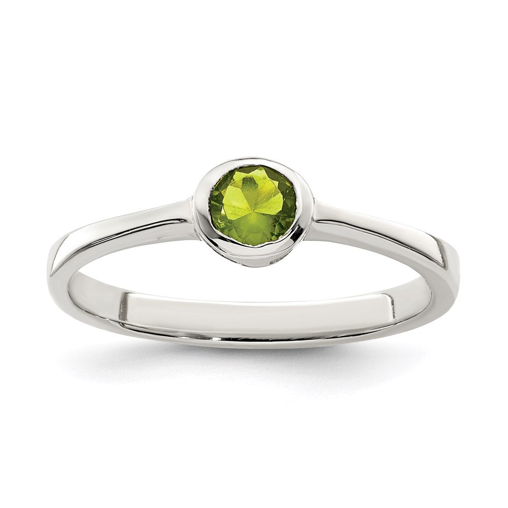 Casted;Open back;Sterling silver;Bezel;Round;Cut-out sides;Green CZ