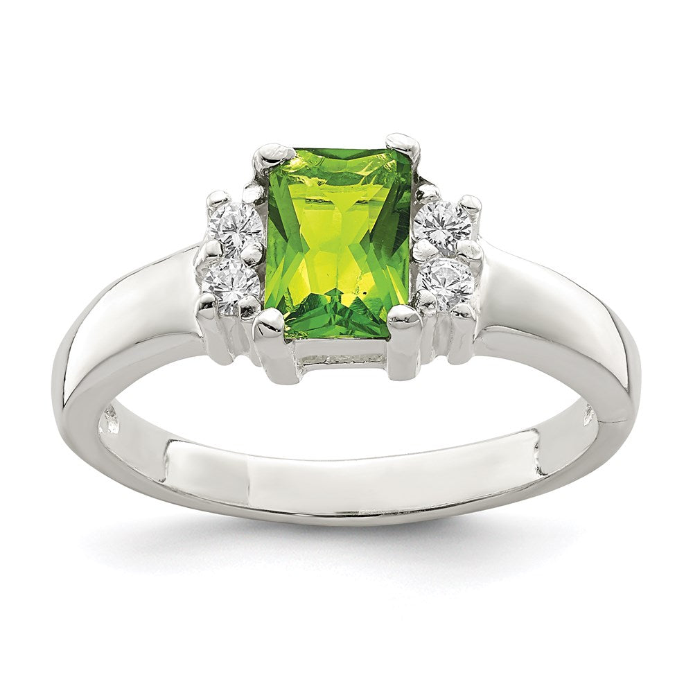 Casted;Polished;Open back;Sterling silver;CZ;Round;Radiant Cut;Cut-out sides;Green CZ