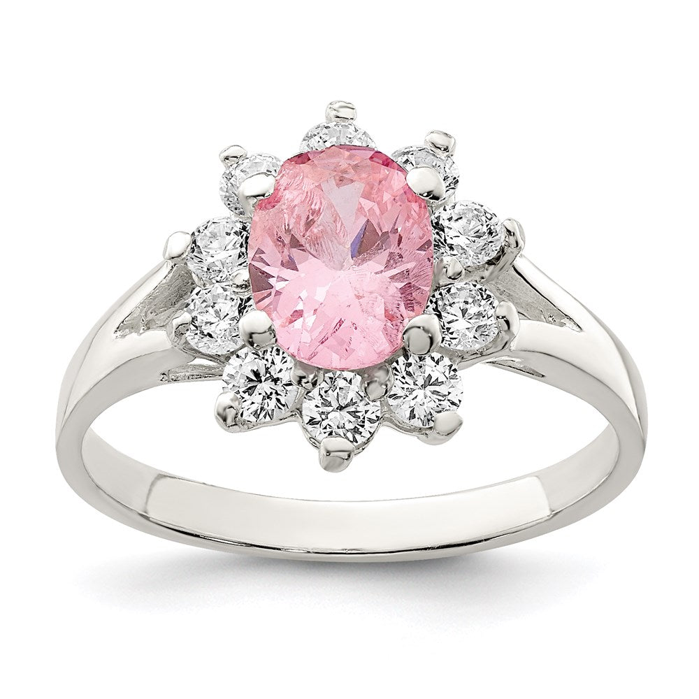 Casted;Polished;Open back;Sterling silver;CZ;Round;Oval;Cut-out sides;Pink CZ