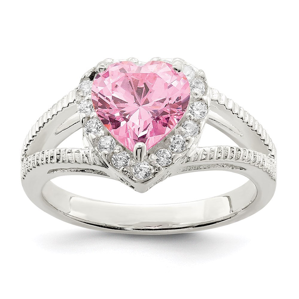 Casted;Polished;Open back;Sterling silver;CZ;Round;Heart;Cut-out sides;Pink CZ