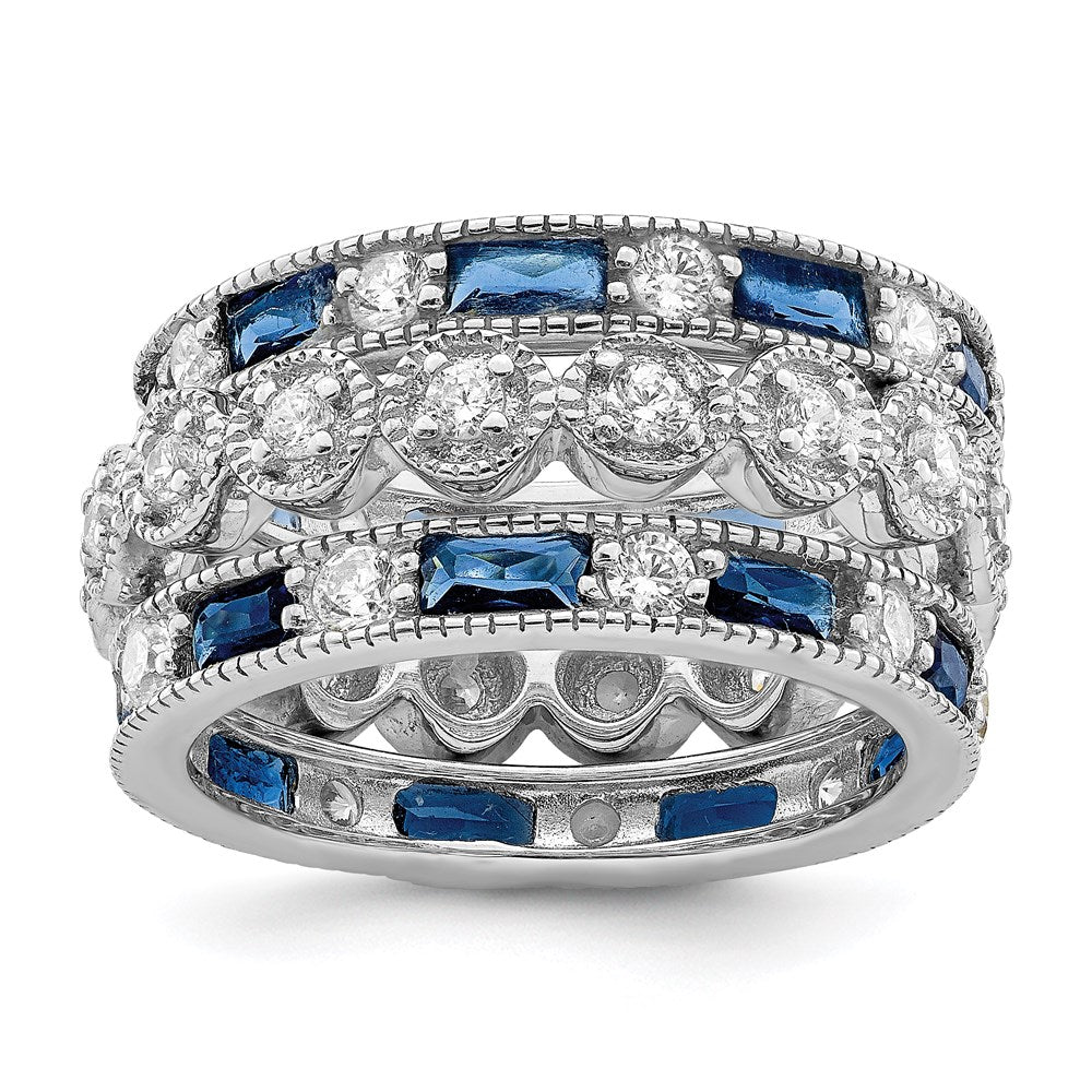 Casted;Polished;Open back;Sterling silver;CZ;Round;Baguette;Rhodium-plated;Set of 3;Blue CZ