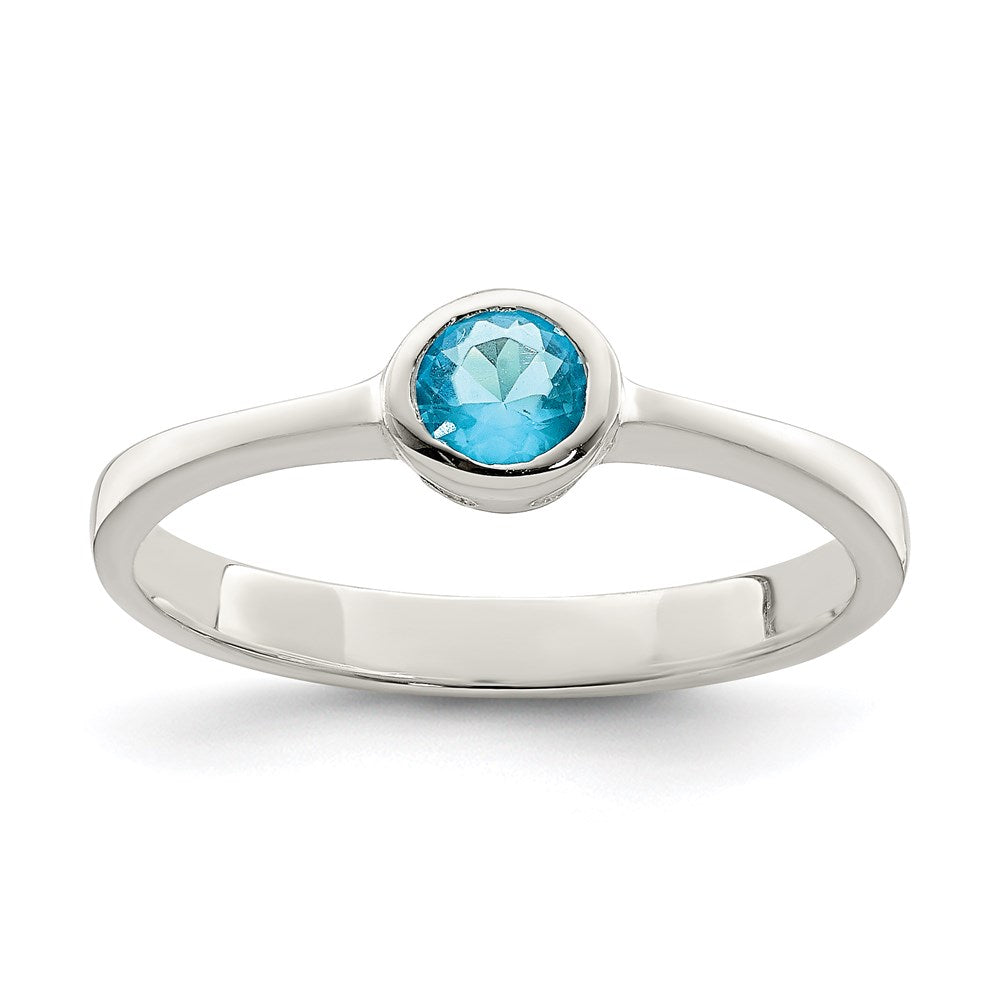 Casted;Polished;Open back;Sterling silver;Round;Cut-out sides;Blue CZ