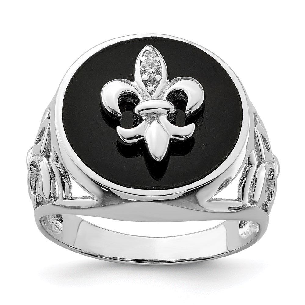 Casted;Polished;Open back;Simulated;Sterling silver;CZ;Onyx;Rhodium-plated