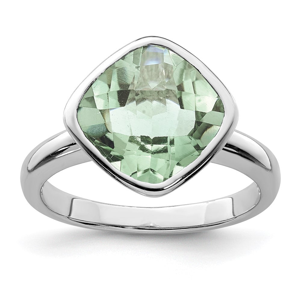 Polished;Genuine;Sterling silver;Bezel;Rhodium-plated;Green quartz;Checkerboard-cut