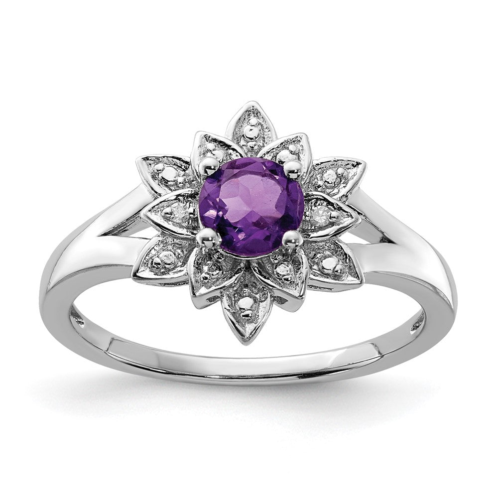 Polished;Open back;Sterling silver;Amethyst;Diamond;Prong set;Rhodium-plated