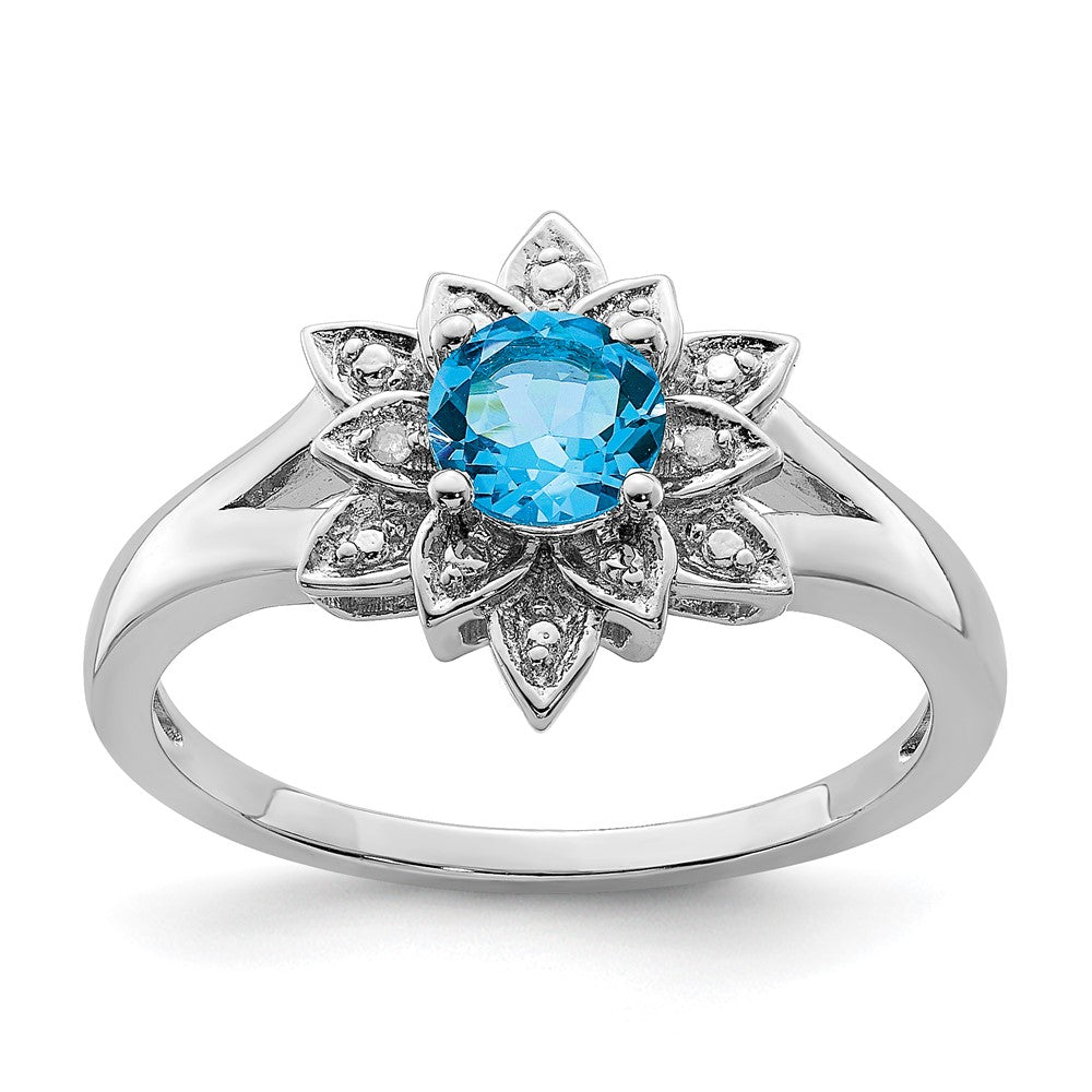Polished;Open back;Genuine;Sterling silver;Blue topaz;Diamond;Rhodium-plated