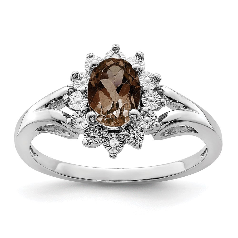 Polished;Open back;Sterling silver;Diamond;Smokey quartz;Rhodium-plated;Oval