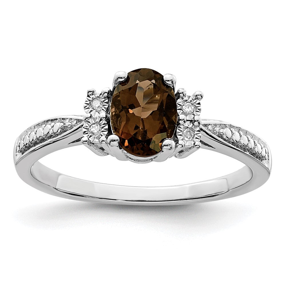 Polished;Open back;Sterling silver;Diamond;Smokey quartz;Rhodium-plated;Oval
