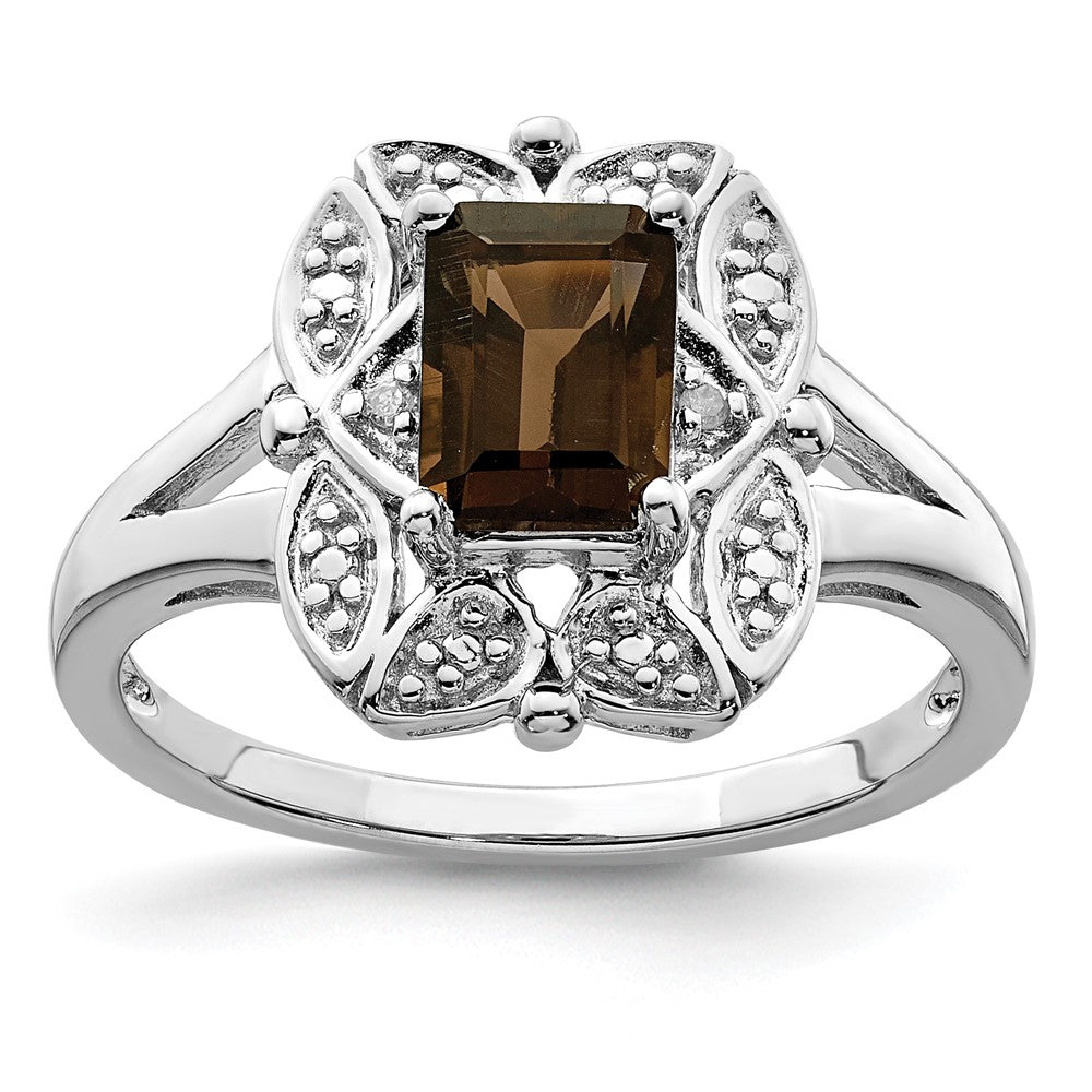 Polished;Open back;Sterling silver;Diamond;Smokey quartz;Rhodium-plated;Emerald Cut