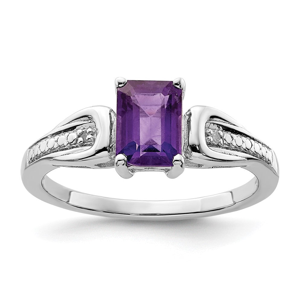 Polished;Open back;Sterling silver;Amethyst;Diamond;Prong set;Rhodium-plated