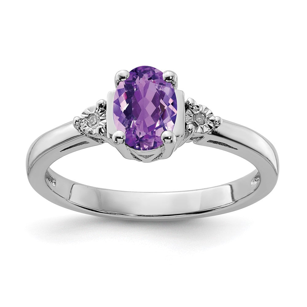 Polished;Open back;Sterling silver;Amethyst;Diamond;Prong set;Rhodium-plated