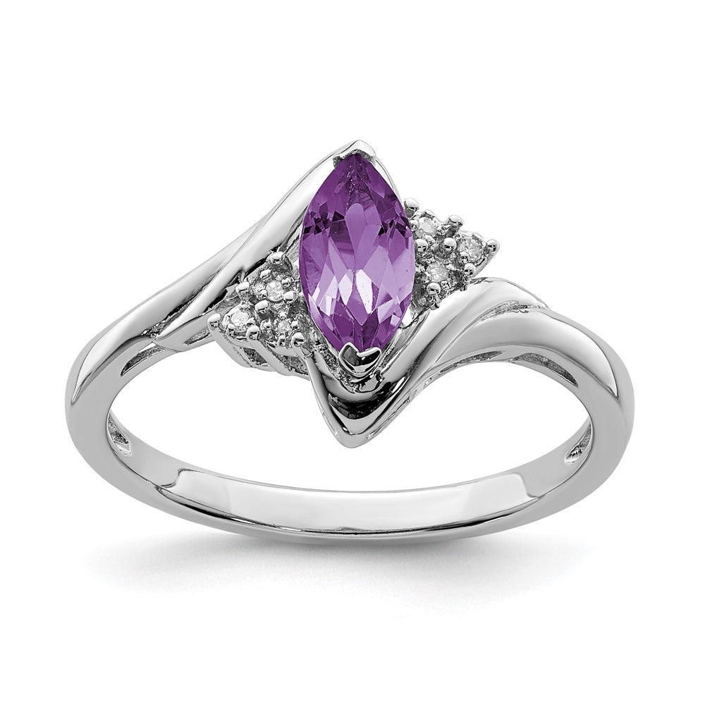 Polished;Open back;Sterling silver;Amethyst;Diamond;Prong set;Rhodium-plated