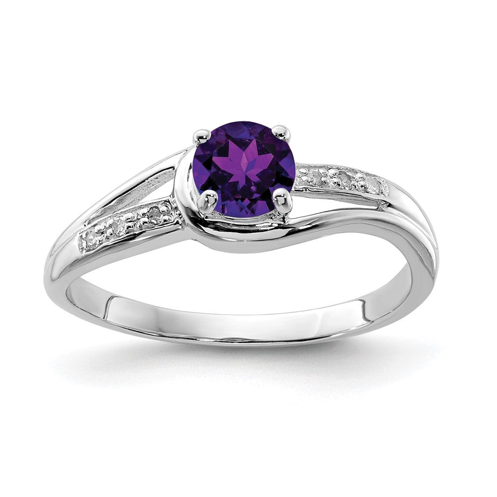 Polished;Open back;Sterling silver;Amethyst;Diamond;Prong set;Rhodium-plated