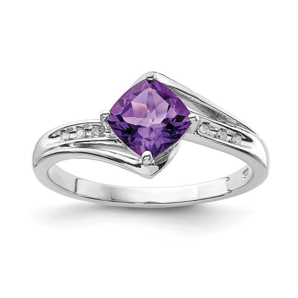 Polished;Open back;Sterling silver;Amethyst;Diamond;Prong set;Rhodium-plated