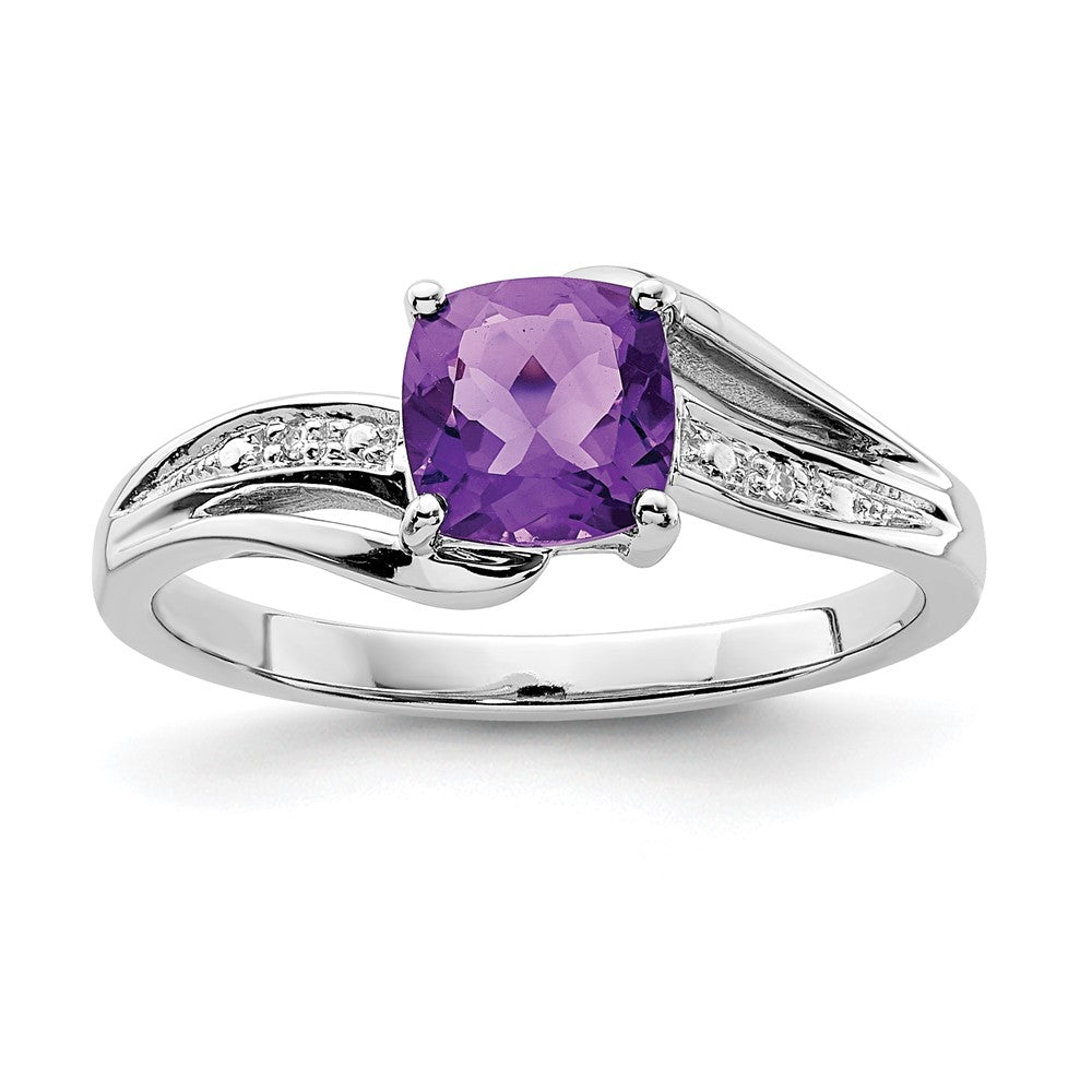 Polished;Open back;Sterling silver;Amethyst;Diamond;Prong set;Rhodium-plated