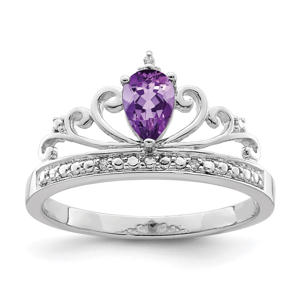 Polished;Open back;Sterling silver;Amethyst;Diamond;Prong set;Rhodium-plated