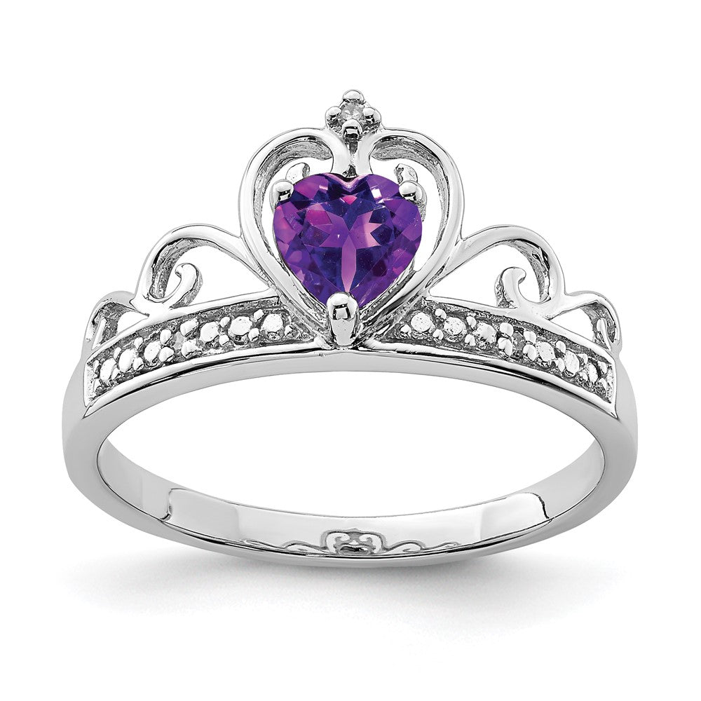 Polished;Open back;Sterling silver;Amethyst;Diamond;Prong set;Rhodium-plated