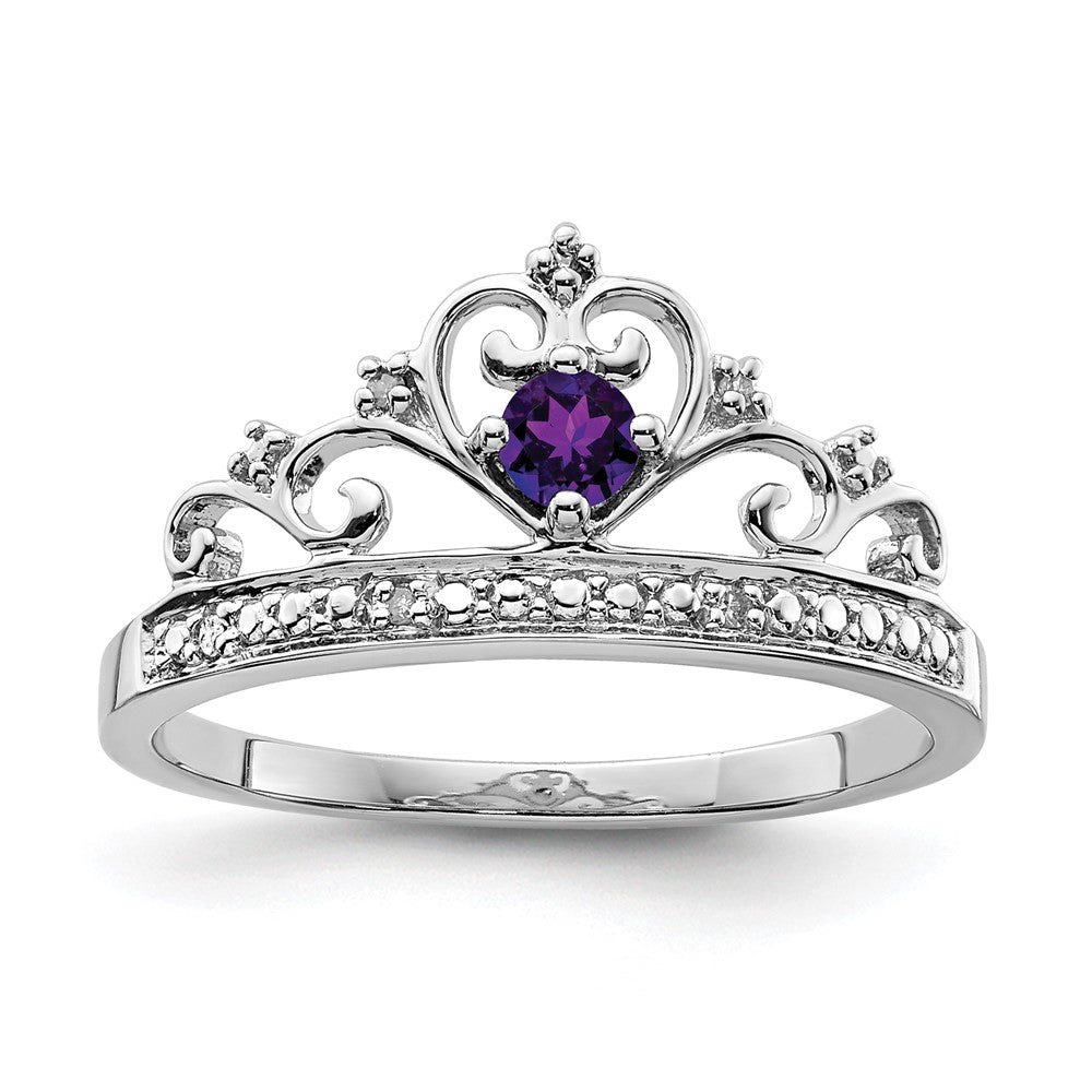 Polished;Open back;Sterling silver;Amethyst;Diamond;Prong set;Rhodium-plated