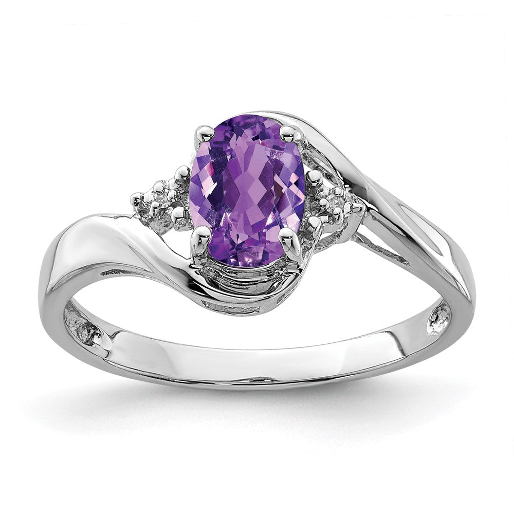 Polished;Open back;Sterling silver;Amethyst;Diamond;Prong set;Rhodium-plated