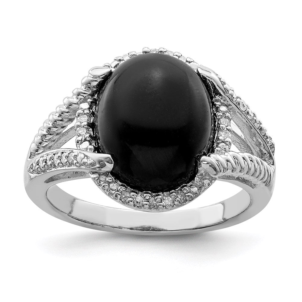 Polished;Sterling silver;Diamond;Onyx;Rhodium-plated;Cabochon;Fancy undercarriage