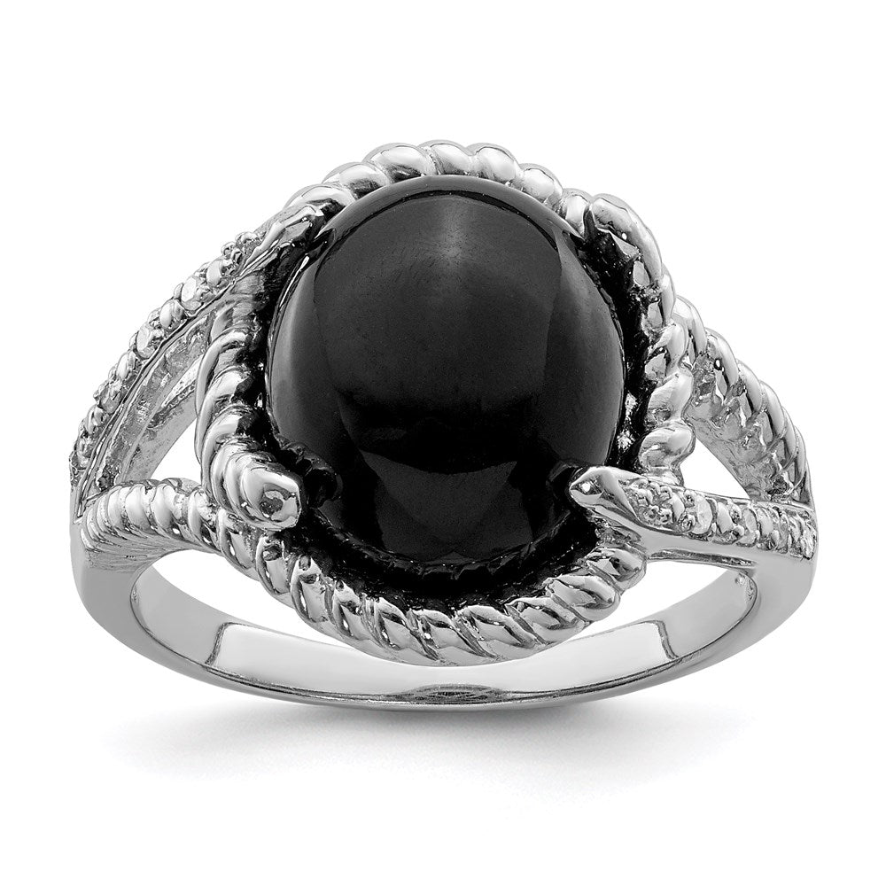 Polished;Sterling silver;Diamond;Onyx;Rhodium-plated;Cabochon;Fancy undercarriage