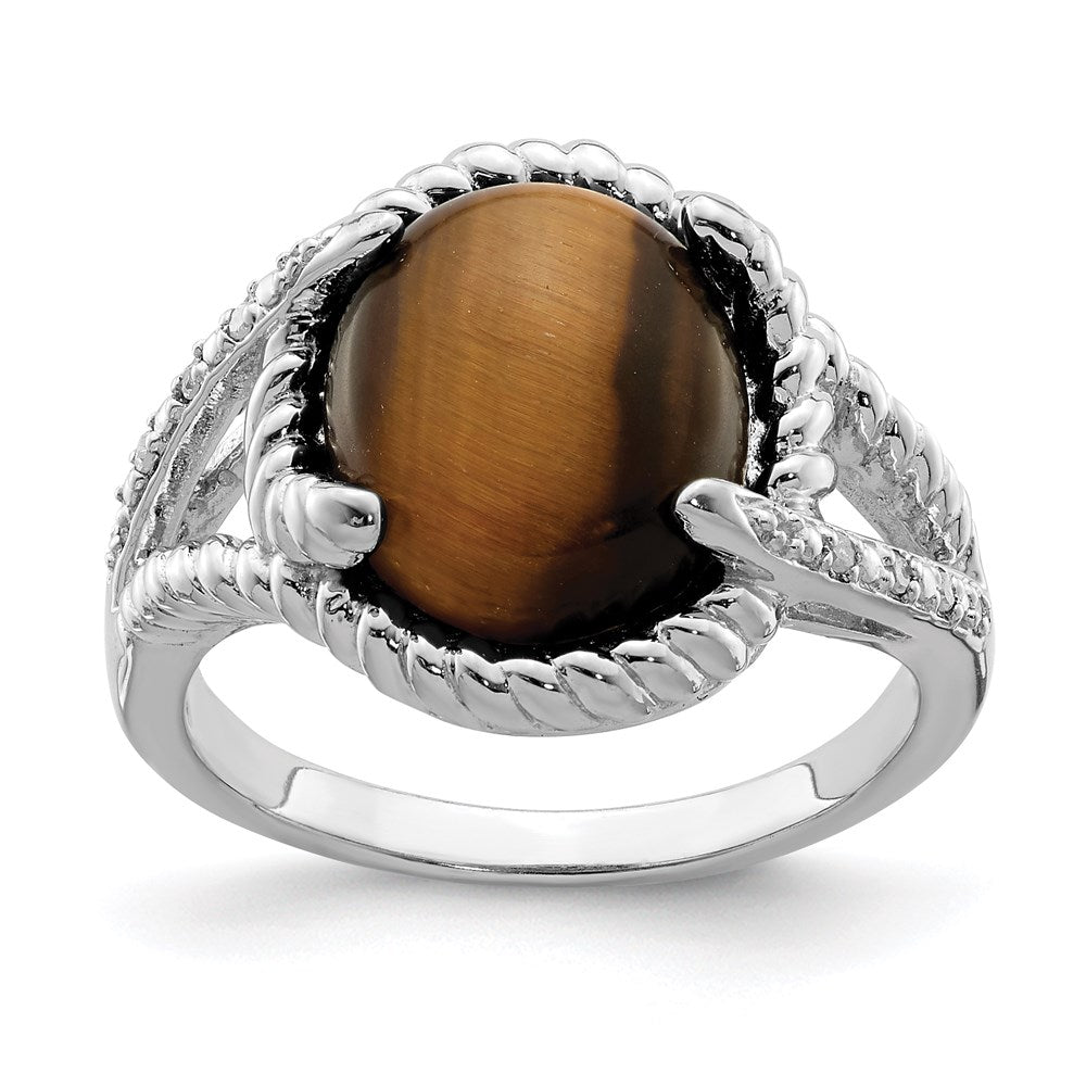 Polished;Sterling silver;Diamond;Tigers eye;Rhodium-plated;Cabochon;Fancy undercarriage