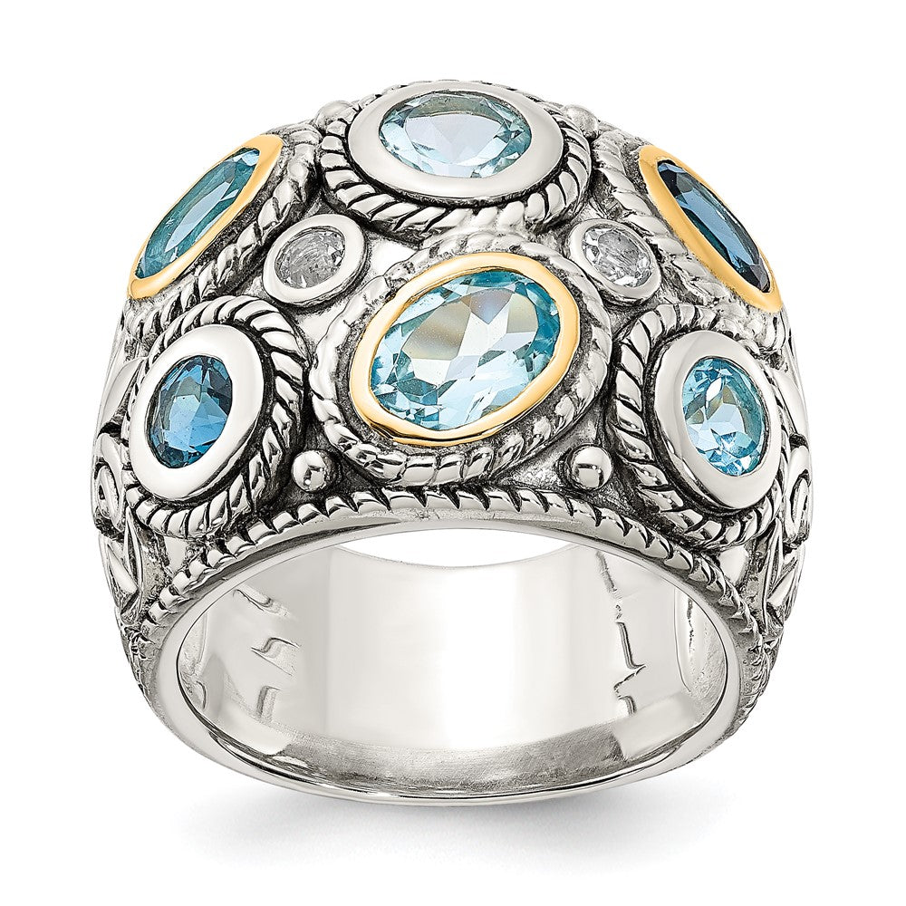 Open back;Sterling silver;Blue topaz;Gold-plated;Antiqued
